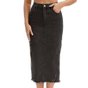 Ripped Raw Hem High Waisted Stretch Midi Jean Skirts Black